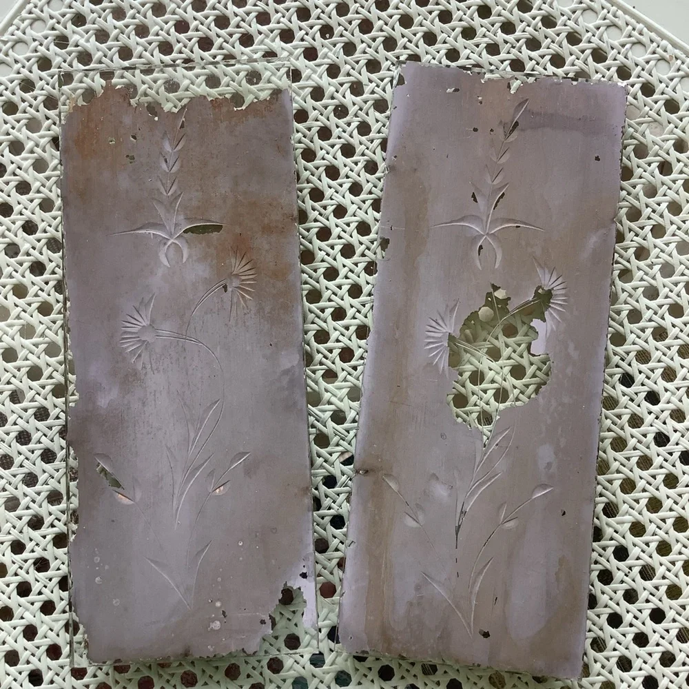 Antique Architectural Salvage Floral Decorative Etched Glass Mirror Side Lights